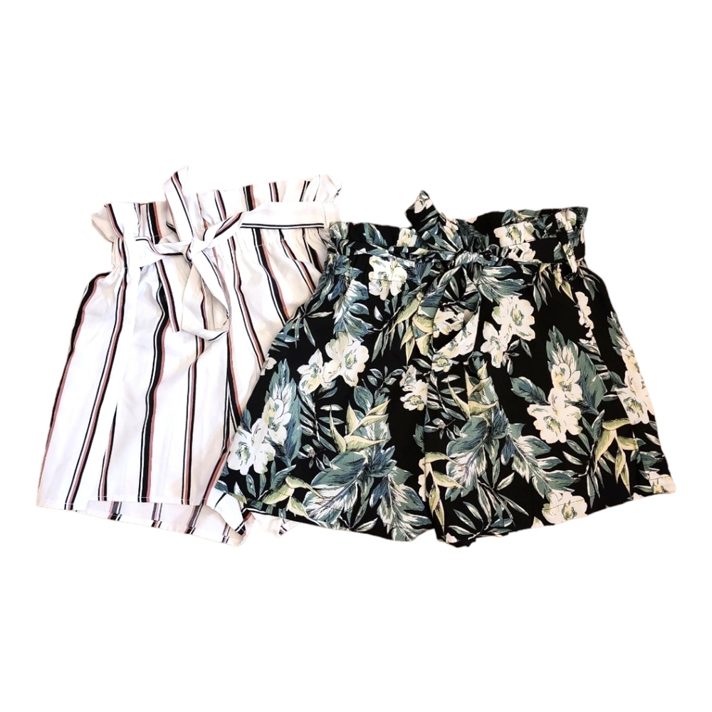 SHEIN Teen 10Y Belted Paper-bag Shorts 2 Pair White Striped Black & Green Floral